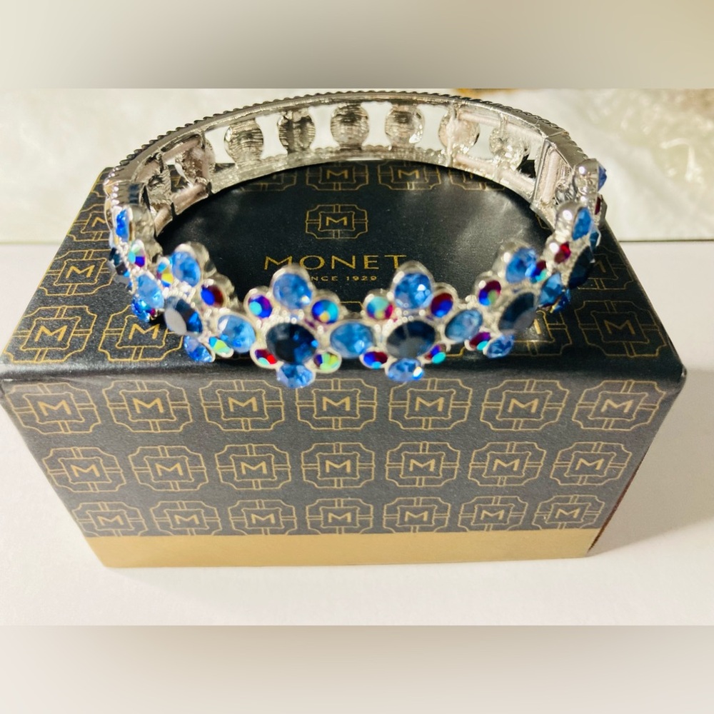 Monet Silver Bangle with Bright Blue Crystal Flowers - Picture 2 of 5